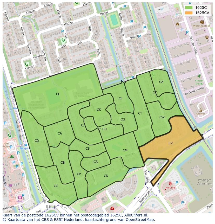 Afbeelding van het postcodegebied 1625 CV op de kaart.