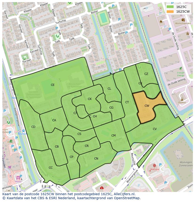 Afbeelding van het postcodegebied 1625 CW op de kaart.