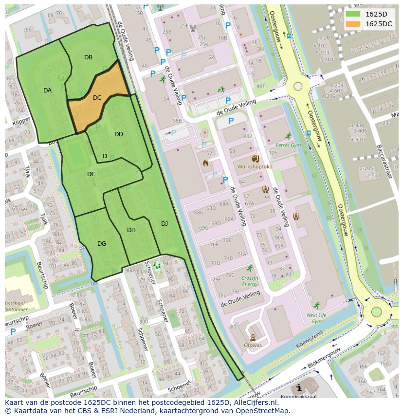 Afbeelding van het postcodegebied 1625 DC op de kaart.