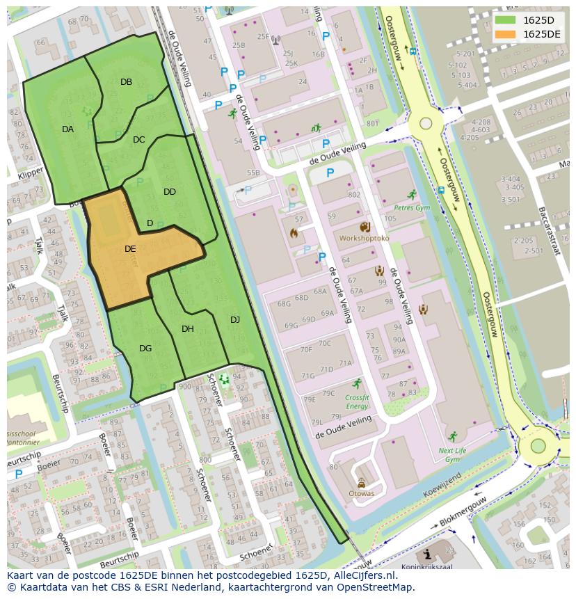 Afbeelding van het postcodegebied 1625 DE op de kaart.