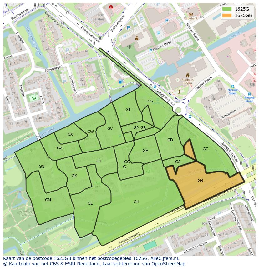 Afbeelding van het postcodegebied 1625 GB op de kaart.