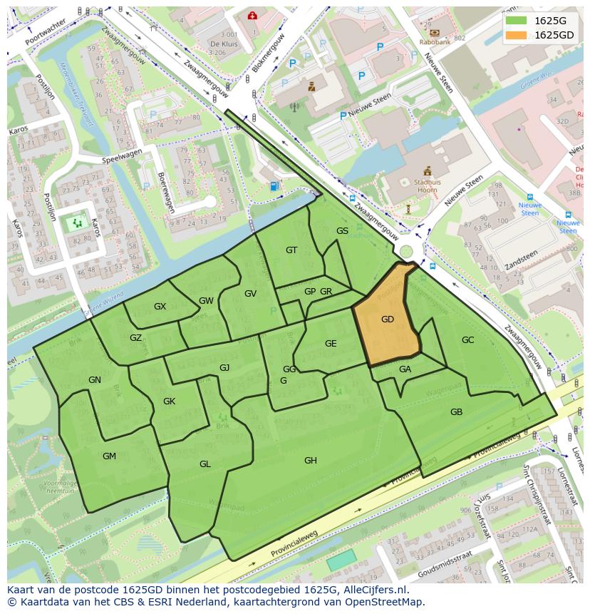 Afbeelding van het postcodegebied 1625 GD op de kaart.