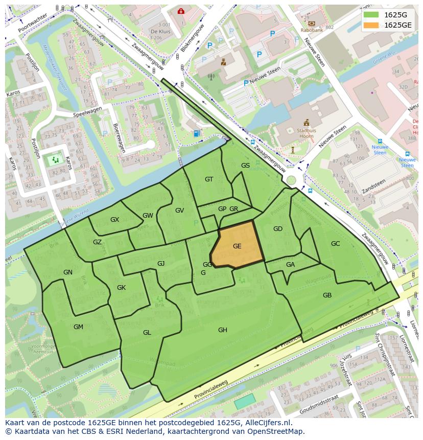 Afbeelding van het postcodegebied 1625 GE op de kaart.
