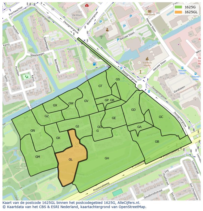 Afbeelding van het postcodegebied 1625 GL op de kaart.