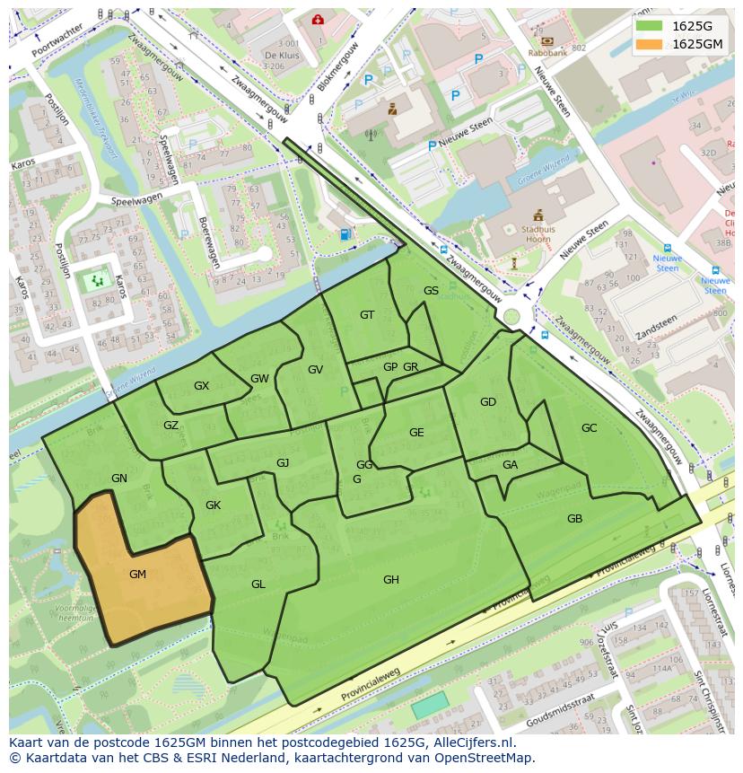 Afbeelding van het postcodegebied 1625 GM op de kaart.