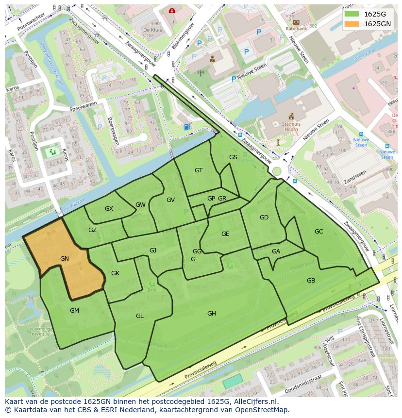 Afbeelding van het postcodegebied 1625 GN op de kaart.