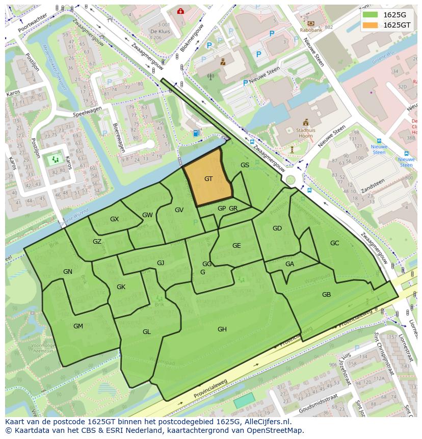 Afbeelding van het postcodegebied 1625 GT op de kaart.