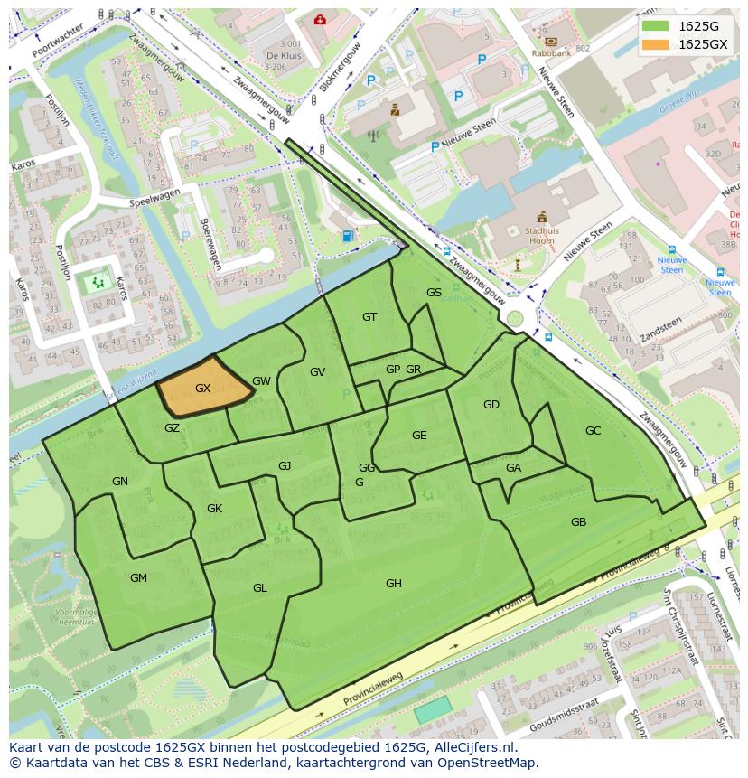 Afbeelding van het postcodegebied 1625 GX op de kaart.