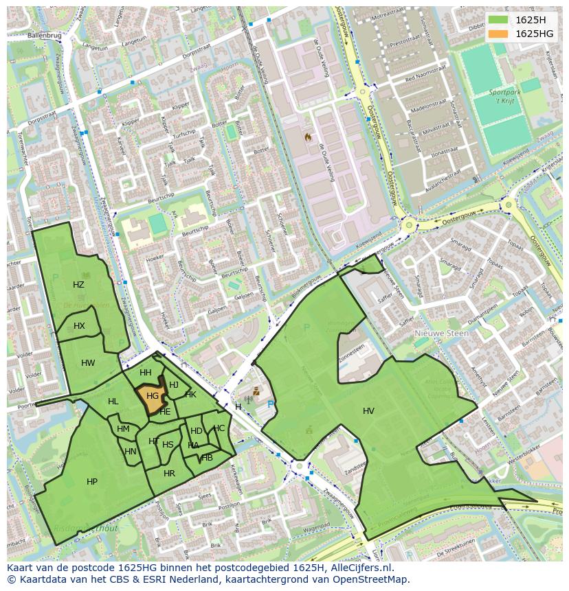 Afbeelding van het postcodegebied 1625 HG op de kaart.