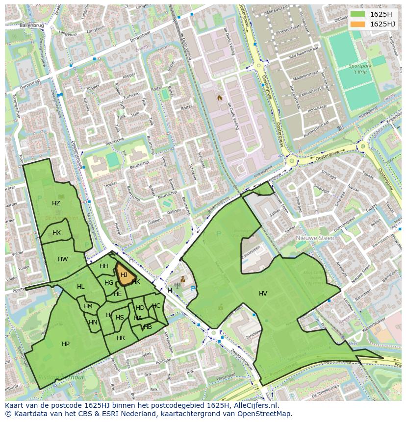 Afbeelding van het postcodegebied 1625 HJ op de kaart.