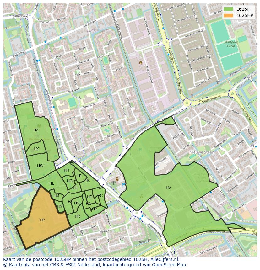 Afbeelding van het postcodegebied 1625 HP op de kaart.