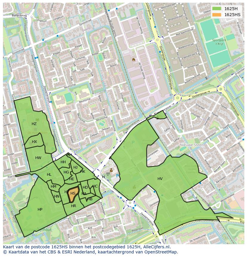 Afbeelding van het postcodegebied 1625 HS op de kaart.