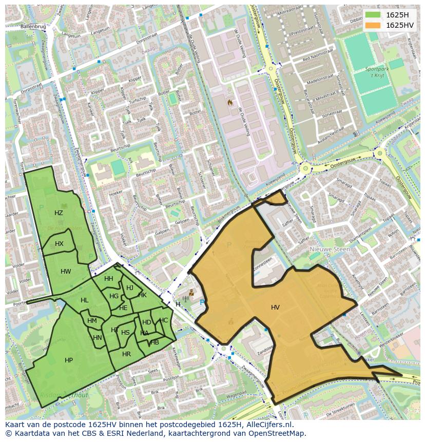 Afbeelding van het postcodegebied 1625 HV op de kaart.