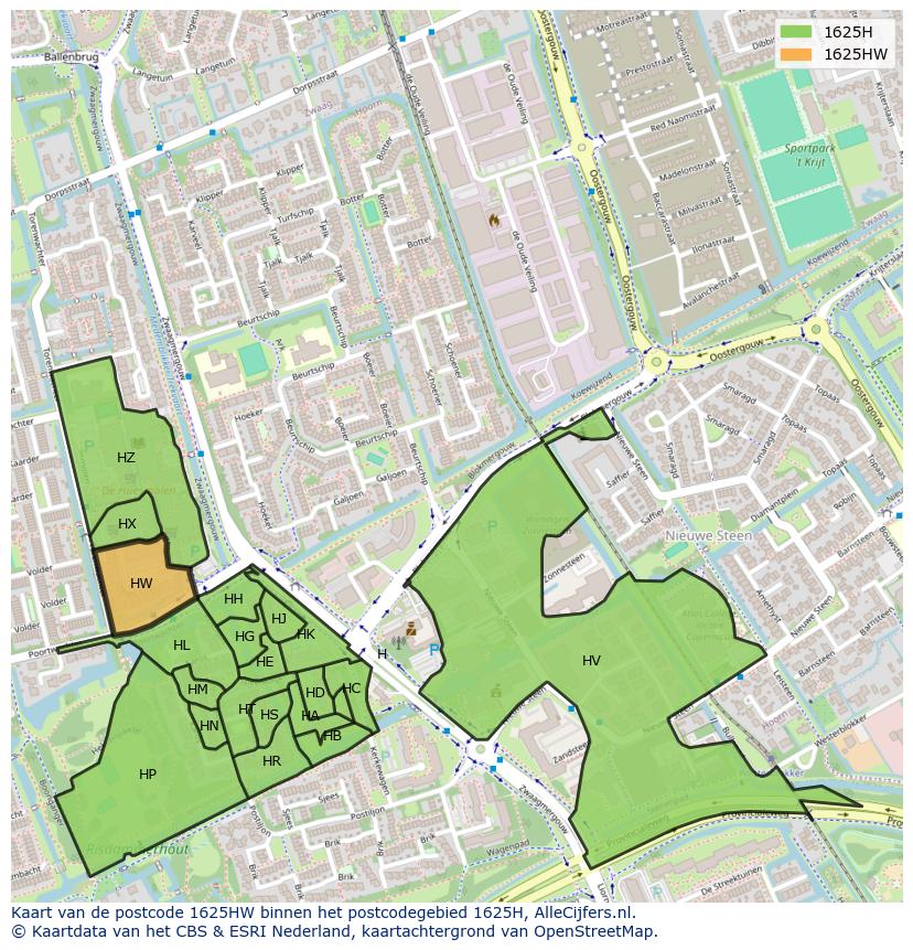 Afbeelding van het postcodegebied 1625 HW op de kaart.