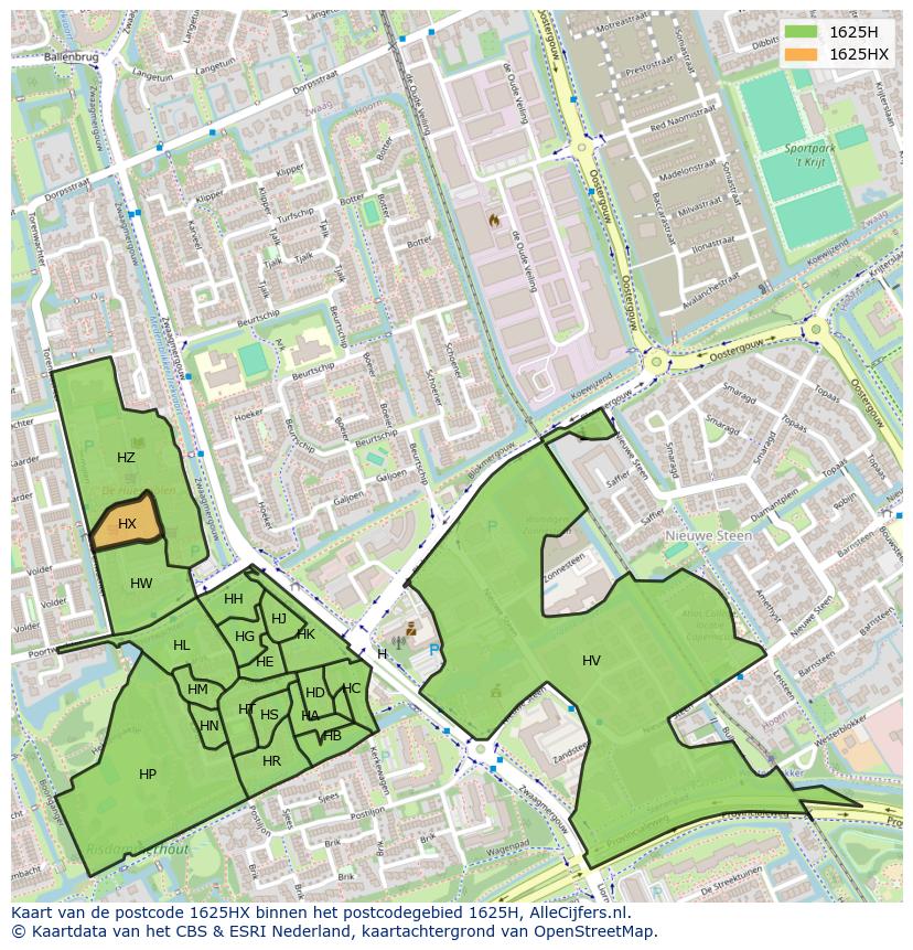 Afbeelding van het postcodegebied 1625 HX op de kaart.