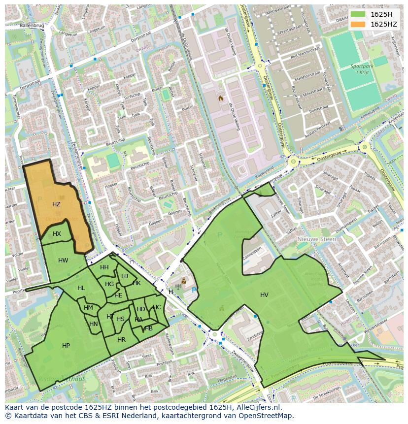 Afbeelding van het postcodegebied 1625 HZ op de kaart.