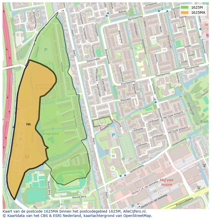 Afbeelding van het postcodegebied 1625 MA op de kaart.