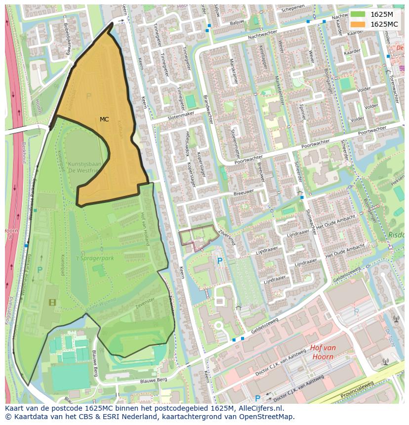 Afbeelding van het postcodegebied 1625 MC op de kaart.