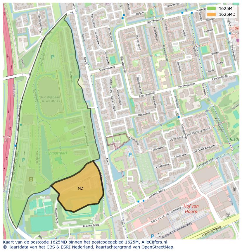 Afbeelding van het postcodegebied 1625 MD op de kaart.