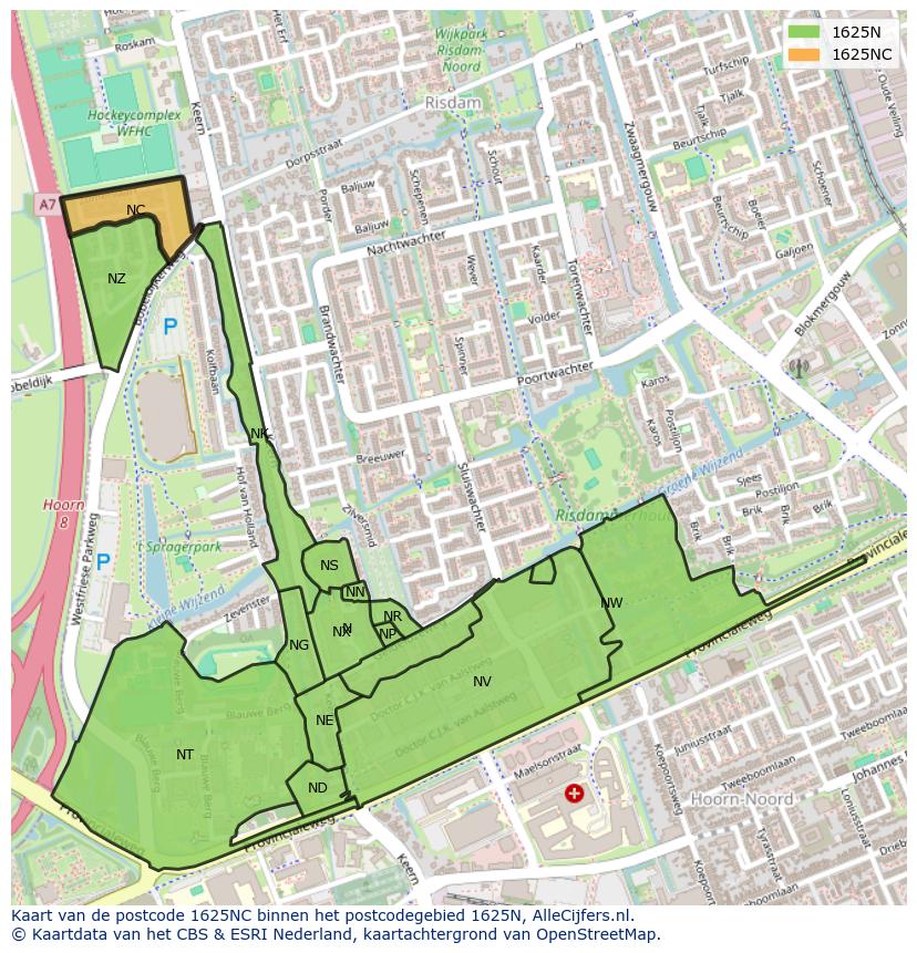 Afbeelding van het postcodegebied 1625 NC op de kaart.