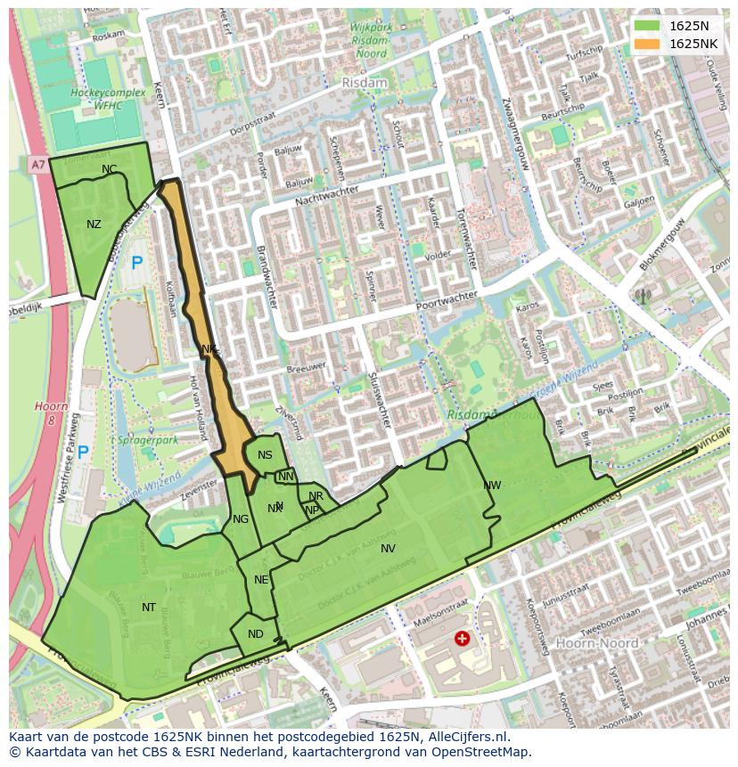 Afbeelding van het postcodegebied 1625 NK op de kaart.