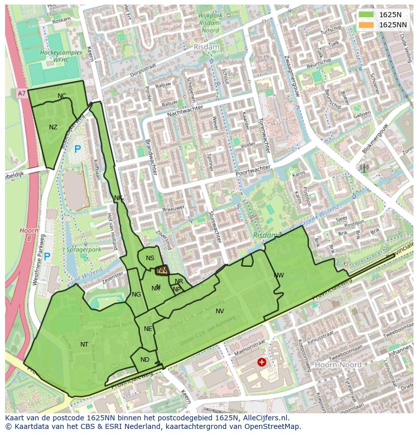 Afbeelding van het postcodegebied 1625 NN op de kaart.