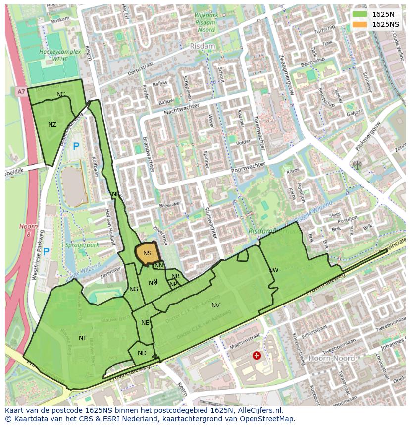 Afbeelding van het postcodegebied 1625 NS op de kaart.