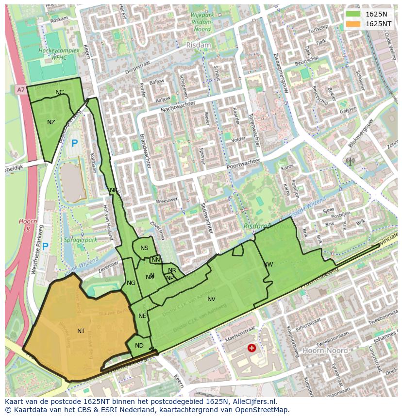 Afbeelding van het postcodegebied 1625 NT op de kaart.