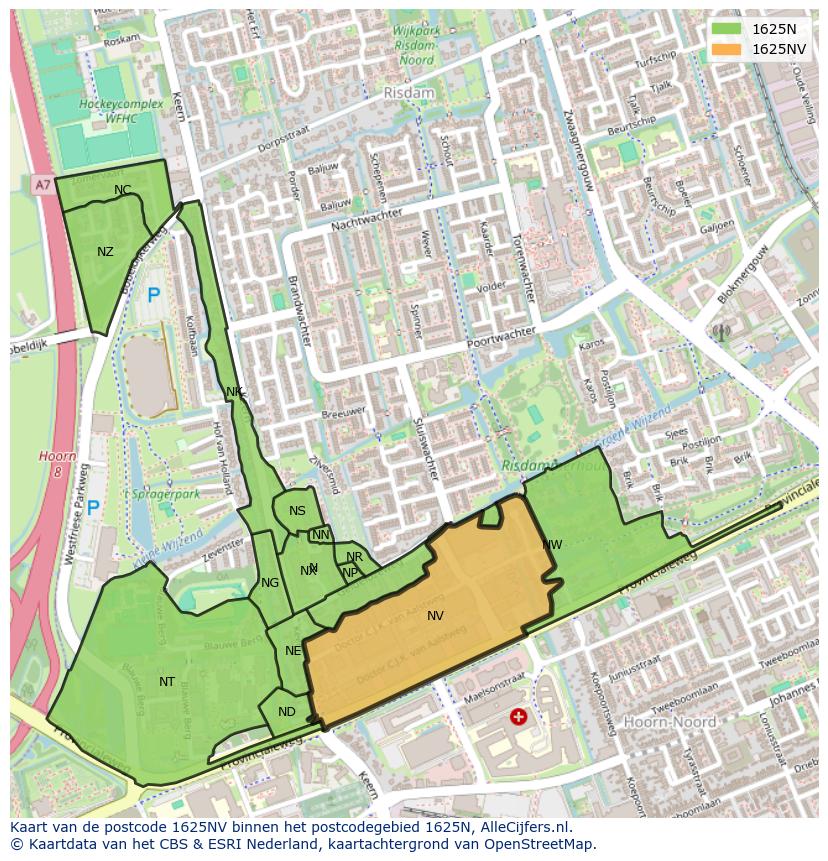 Afbeelding van het postcodegebied 1625 NV op de kaart.