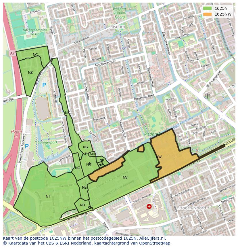 Afbeelding van het postcodegebied 1625 NW op de kaart.