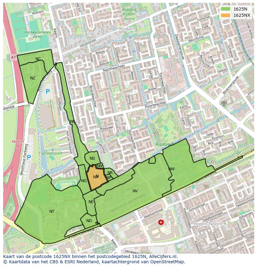 Afbeelding van het postcodegebied 1625 NX op de kaart.