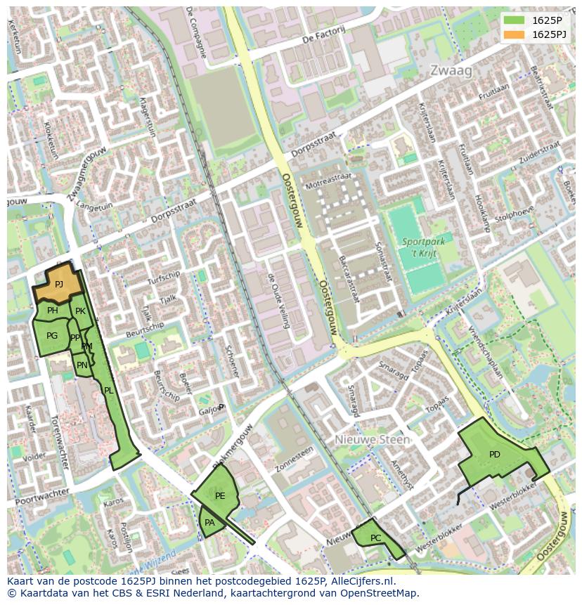Afbeelding van het postcodegebied 1625 PJ op de kaart.