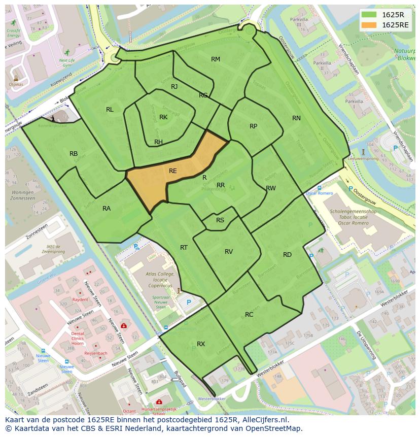 Afbeelding van het postcodegebied 1625 RE op de kaart.