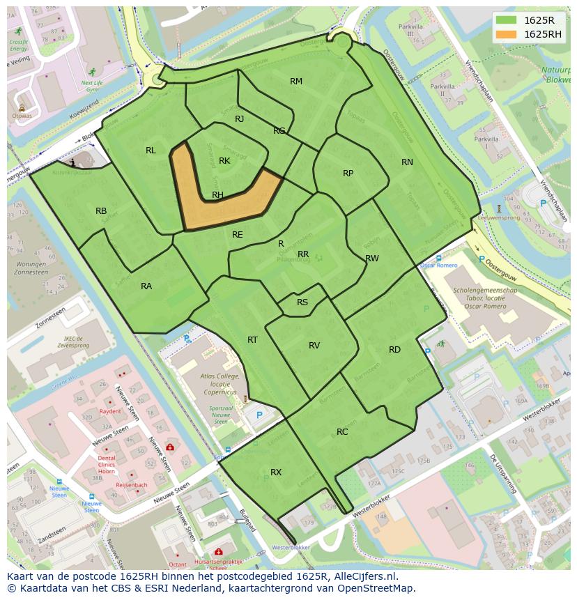 Afbeelding van het postcodegebied 1625 RH op de kaart.