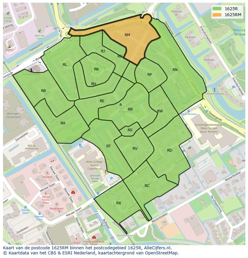 Afbeelding van het postcodegebied 1625 RM op de kaart.