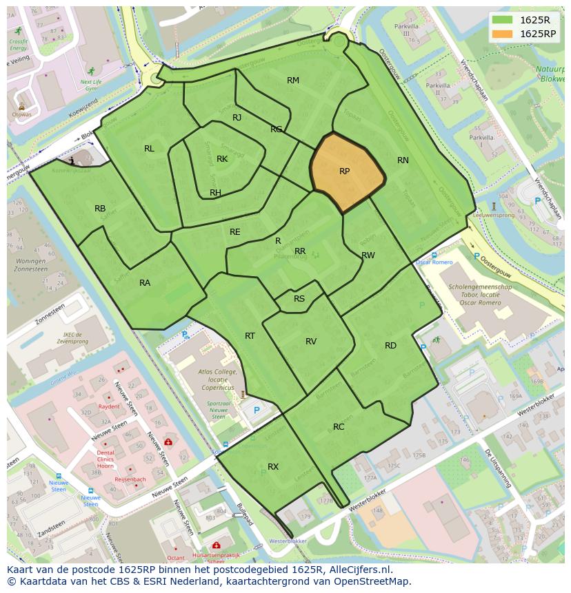 Afbeelding van het postcodegebied 1625 RP op de kaart.