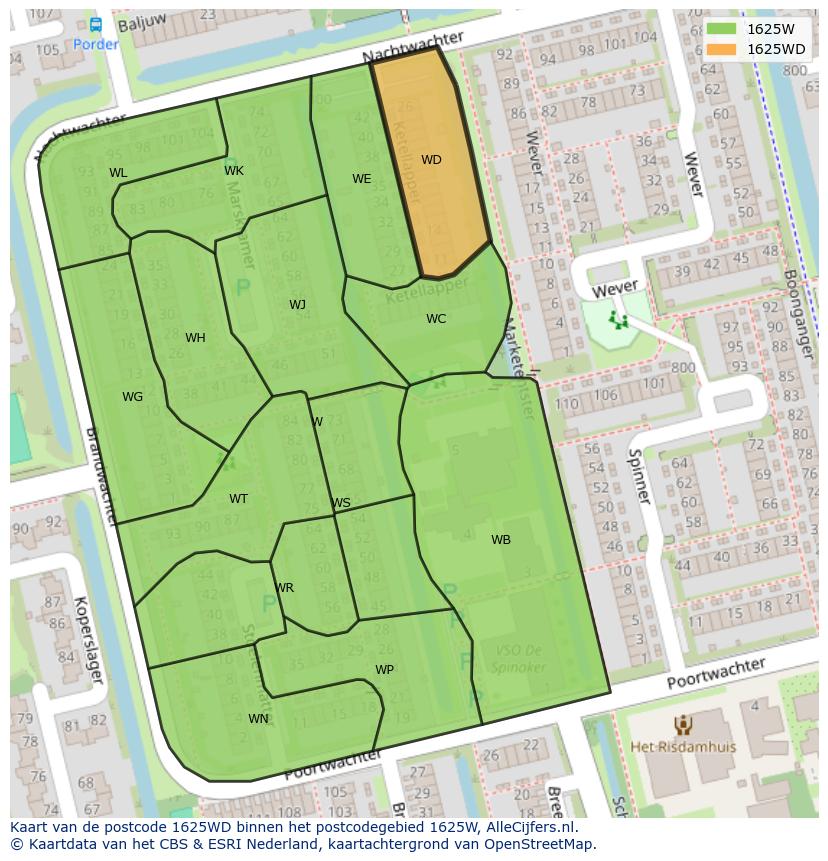 Afbeelding van het postcodegebied 1625 WD op de kaart.