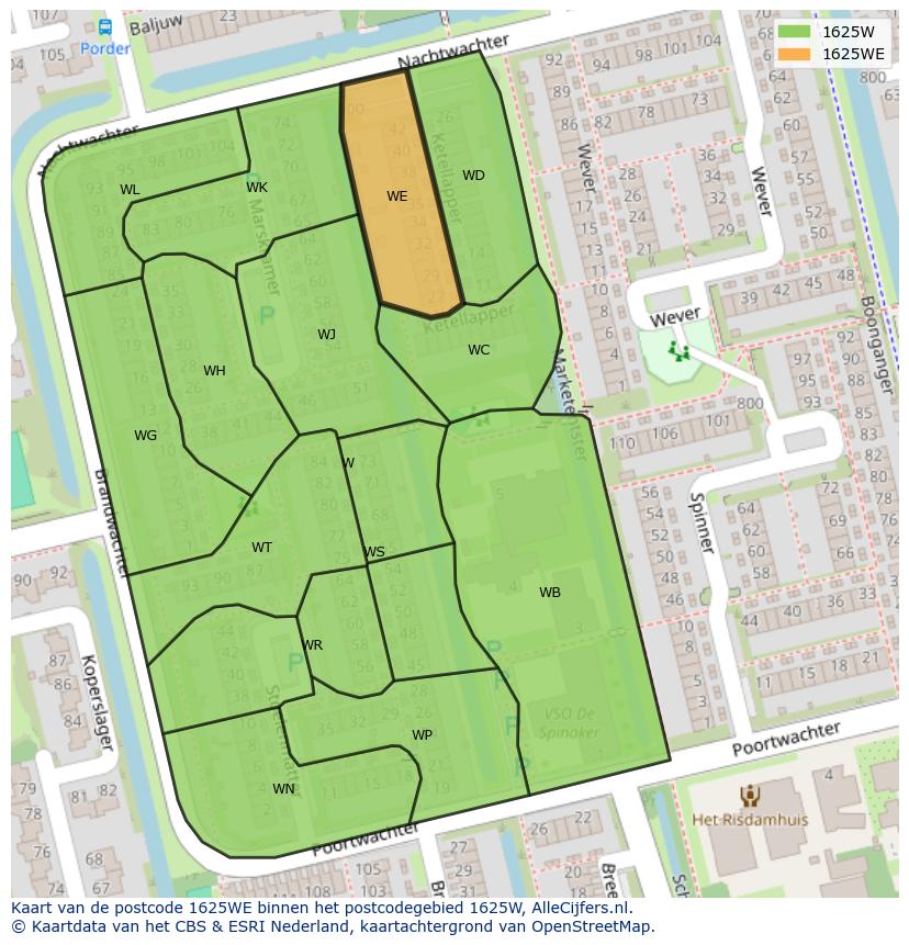 Afbeelding van het postcodegebied 1625 WE op de kaart.