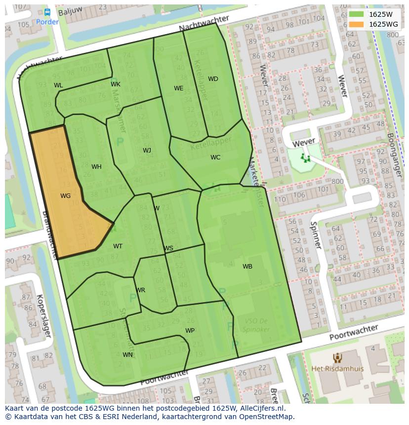 Afbeelding van het postcodegebied 1625 WG op de kaart.