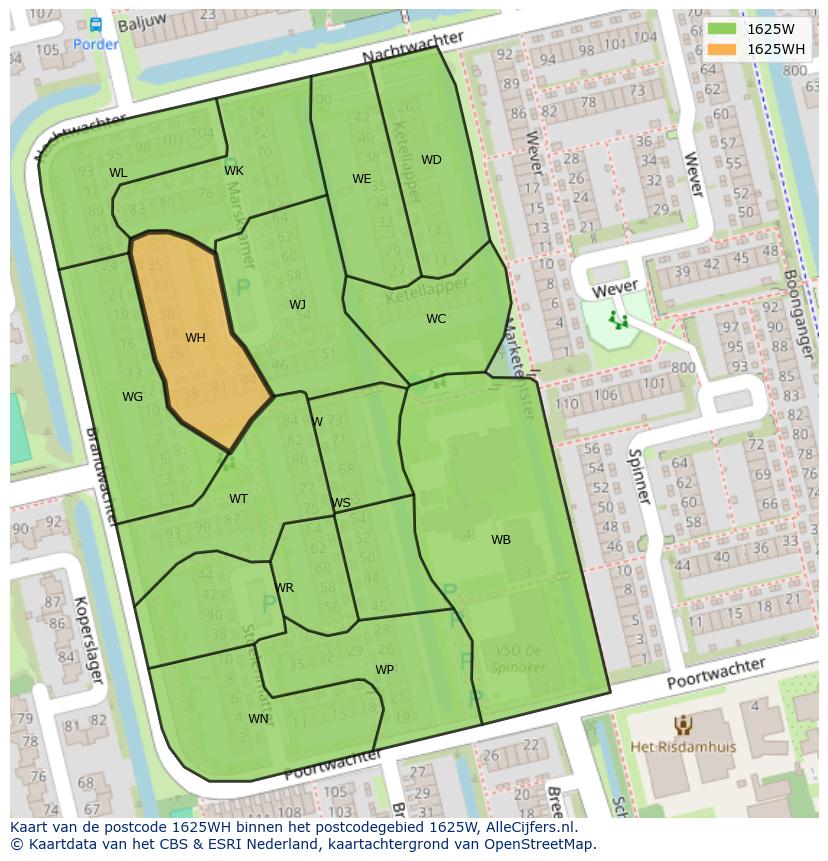 Afbeelding van het postcodegebied 1625 WH op de kaart.