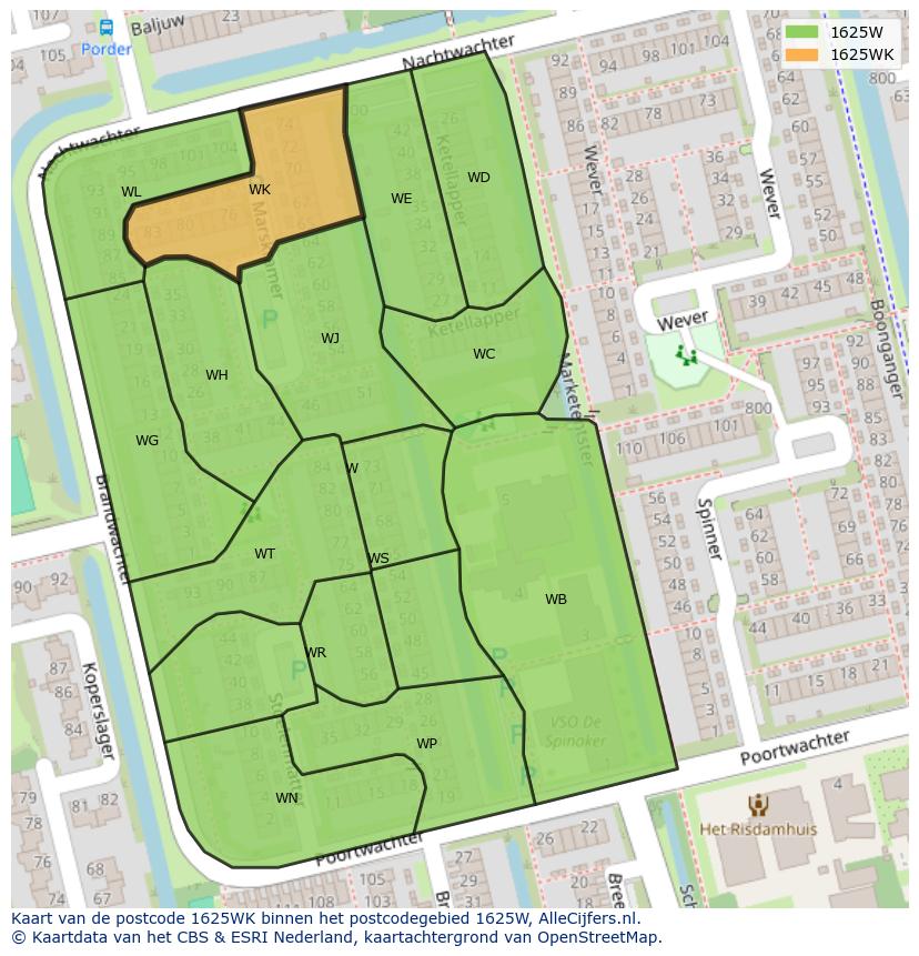 Afbeelding van het postcodegebied 1625 WK op de kaart.