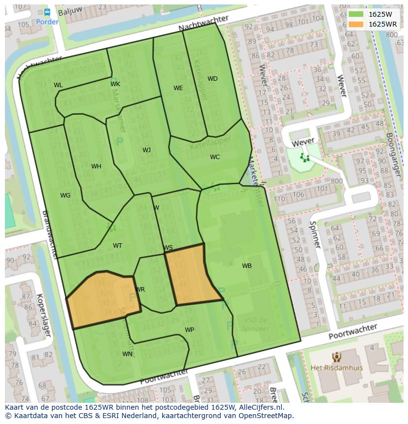 Afbeelding van het postcodegebied 1625 WR op de kaart.
