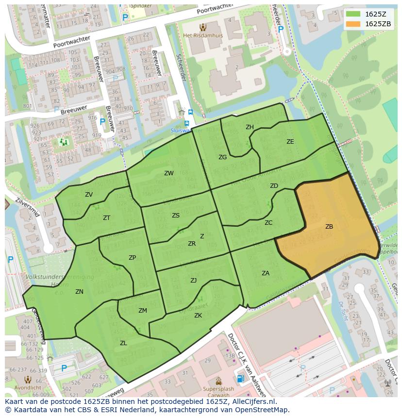 Afbeelding van het postcodegebied 1625 ZB op de kaart.
