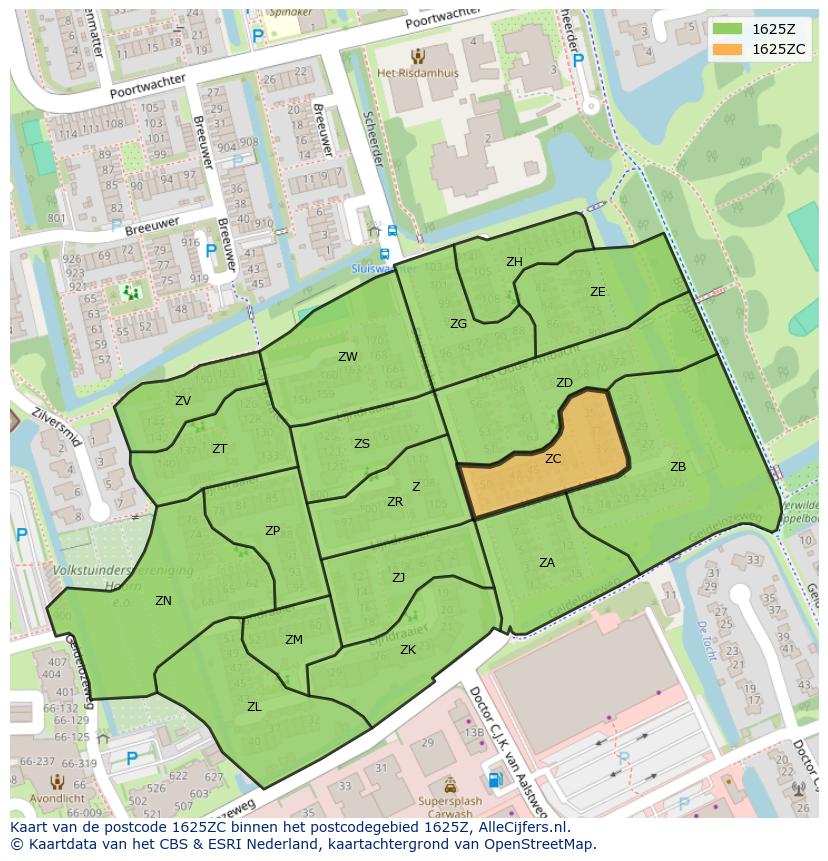 Afbeelding van het postcodegebied 1625 ZC op de kaart.