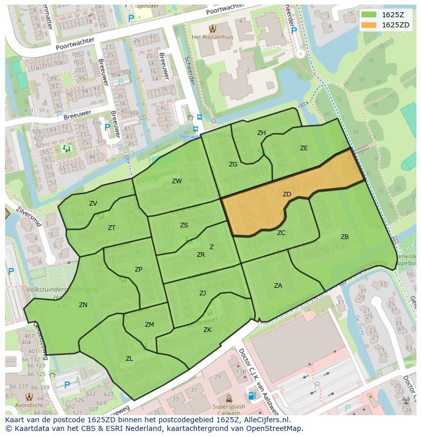 Afbeelding van het postcodegebied 1625 ZD op de kaart.