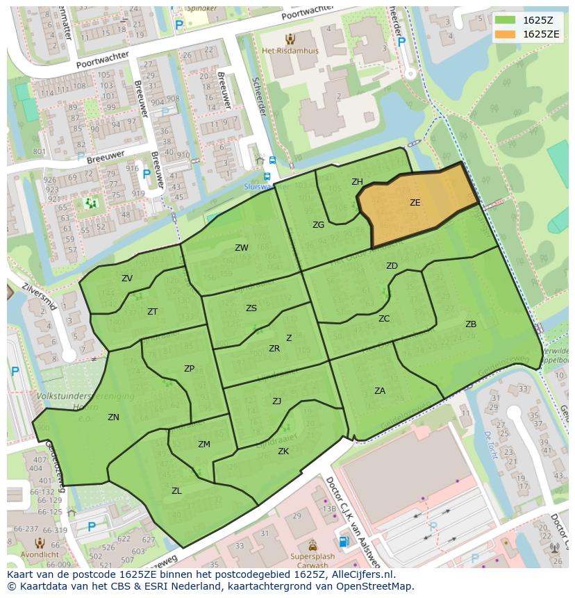 Afbeelding van het postcodegebied 1625 ZE op de kaart.