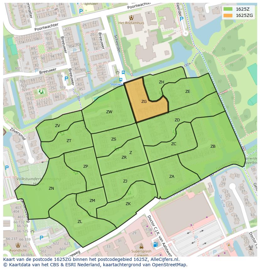 Afbeelding van het postcodegebied 1625 ZG op de kaart.