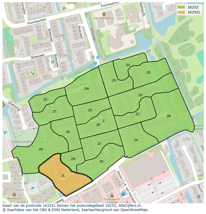 Afbeelding van het postcodegebied 1625 ZL op de kaart.