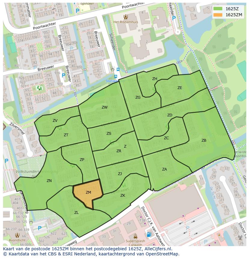 Afbeelding van het postcodegebied 1625 ZM op de kaart.