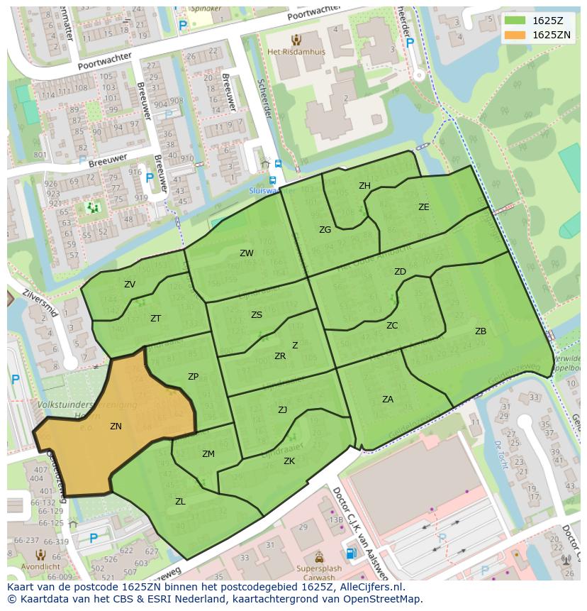 Afbeelding van het postcodegebied 1625 ZN op de kaart.